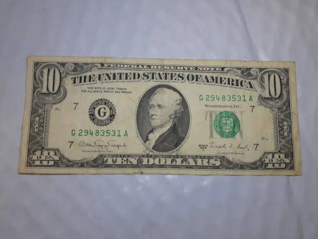 1988A $10 Ten Dollar Bill Federal Reserve Note Vintage Currency US
