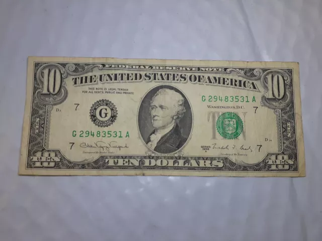 1988A $10 Ten Dollar Bill Federal Reserve Note Vintage Currency US