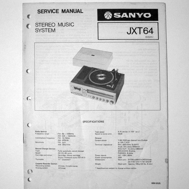 SANYO ® Model JXT64 Stereo Cassette Music System - Service Manual © 1980 New NOS