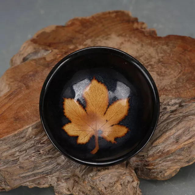 Chinese Song Jizhou Kiln Porcelain Black Glaze Maple Leaves Design Bowl 3.3 inch