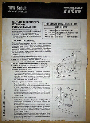 DEPLIANT ILLUSTRATIVO CINTURE DI SICUREZZA TRW SABELT 1978 1°serie tutti i tipi 