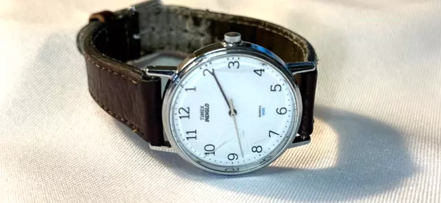 Timex Indiglo  Watch, White Dial with a Brown Leather Band, New Battery