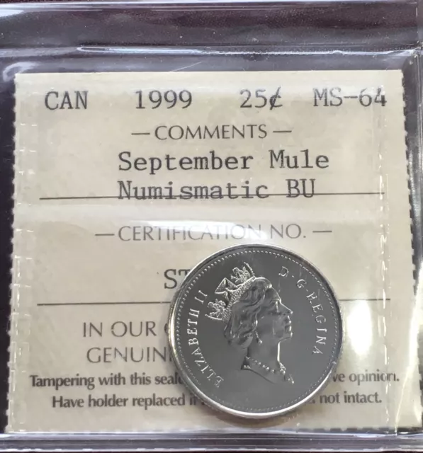 1999 Canada ICCS Graded 25 Cent MS-64 September Mule Coin 2