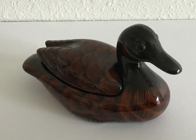 Vintage Ceramic Trinket Box Glass Eyes Hand Painted Brown Red Duck 3