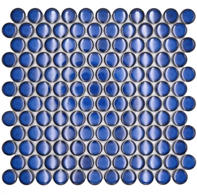 Ceramica Piastrelle Mosaico Bottone Loop Penny Rotondo Uni Blu Cobalto Brillante