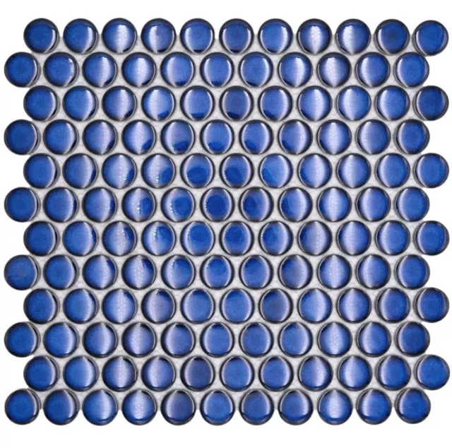 Keramik Mosaikfliesen Knopf Loop Penny Rund Uni Kobaltblau Glänzend | 10 Matten