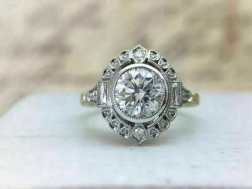 Art Deco Silver White Gold Plated 2 CT Round Cut Moissanite Halo Engagement Ring