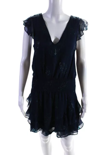 Ramy Brook Women's V-Neck Sleeveless Embellish Tiered Mini Dress Blue Size XS