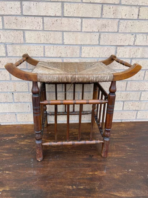 Antique Arts Crafts Oriental Style Oak Piano Stool With Rush Seat 57x33x50cm