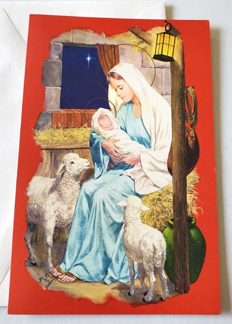 Vintage Christmas Card Baby Jesus with Mother Mary Lambs Sheep Stable