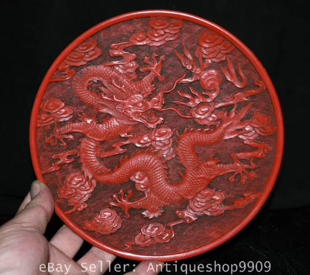 8" China Marked Old Wood Carved Dragon Beast Pattern Red lacquerware Plate Tray