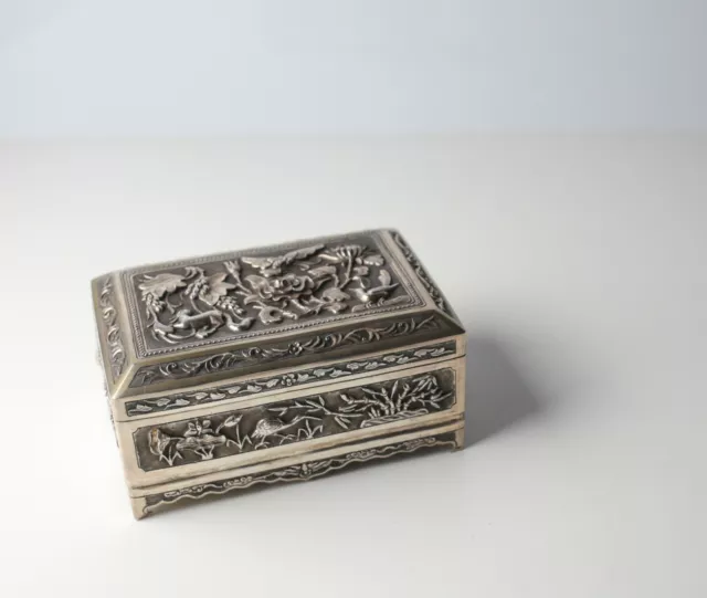 Chinese Export Sterling Silver Repousse Footed Box, Early 20th Century