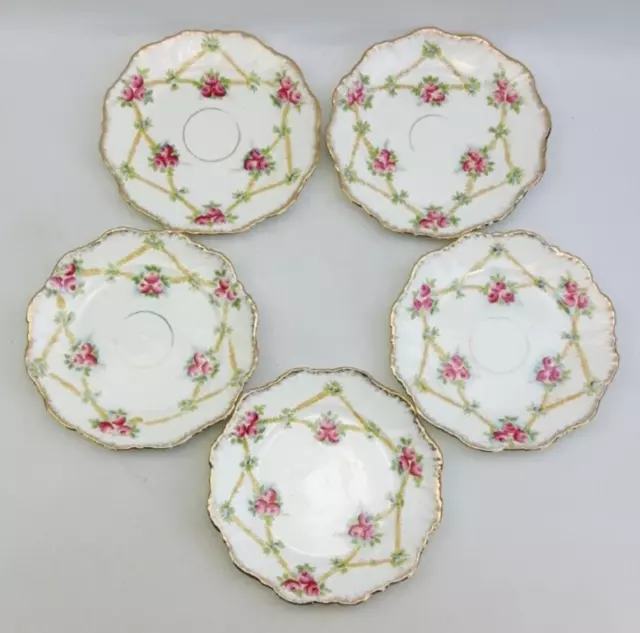 Antique Royal Stafford 5x 18cm Tea Side Plates - Floral Pink Roses Hand Coloured