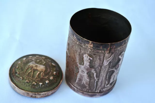 Antique Burmese Betel Box Canister Cylindrical Copper Embossed Figurine Elepha"F 8