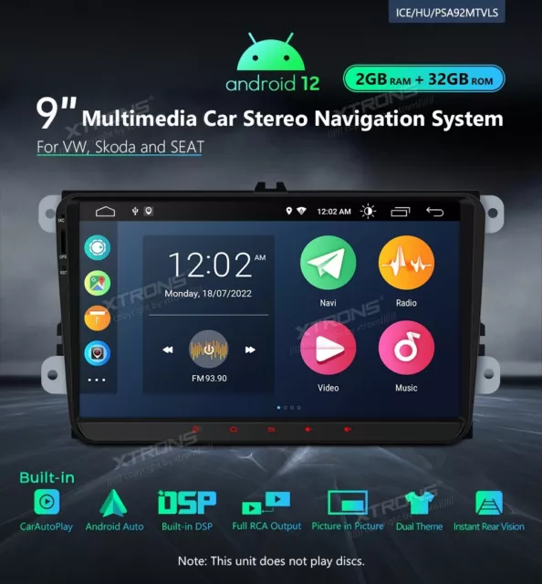 XTRONS PSA92MTVLS Car Radio GPS Android 12 Wifi 4G Volkswagen Seat Skoda Carplay