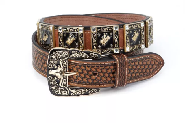Western Belt Cowboy Leather Coffee Bullrider Concho Belt Pants 34 Cinto Vaquero