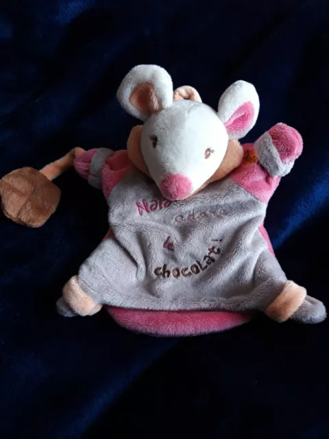 🐭Doudou Plat Marionnette Baby Nat Souris Grise Rose Nala Adore Le Chocolat Tbe