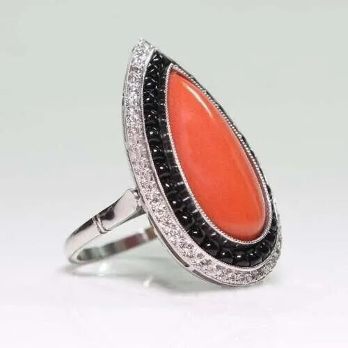 Perfect Pear Shape With Lab Created Coral & CZ Set In 935 Argentium Silver Ring