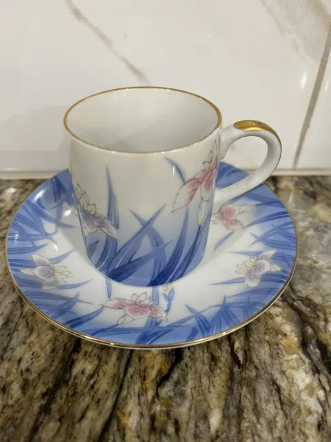 Vintage OTAGIRI Japan Demitasse Tea Cup w Saucer Gold Trim IRIS Blue Pink Purple