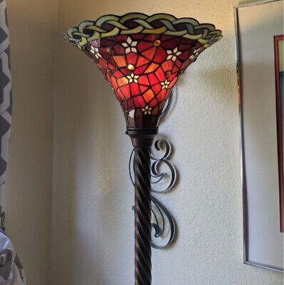 Tiffany Style Floor Lamp Standing Torchiere Victorian Stained Glass Theme Red