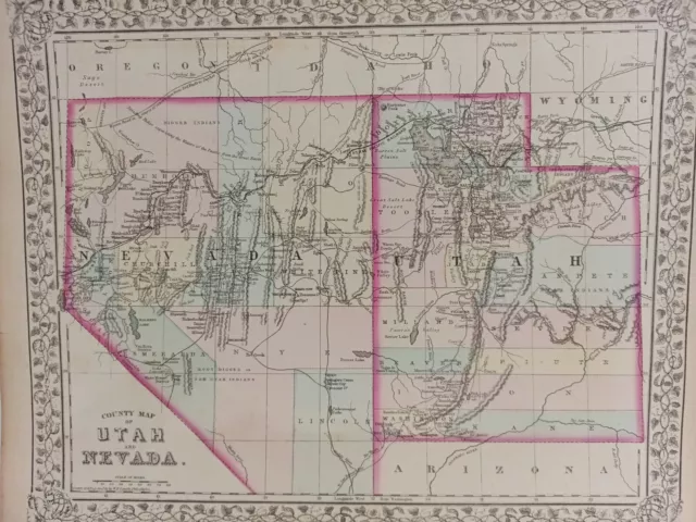 1873 Mitchell's Atlas Map Utah and Nevada, Authentic Hand-Colored 12 x 16"
