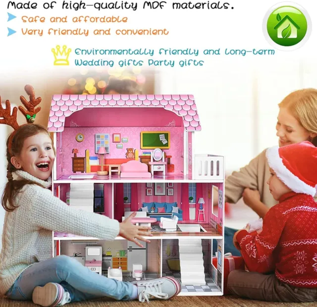 WOODEN KIDS DOLL House All in 1 With Furniture & Dolls Role Play Dollhouse  Set £49.95 - PicClick UK