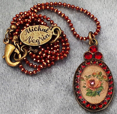Michal Negrin Necklace Red Rose Oval Cameo Crystal Pendant Victorian Flower New