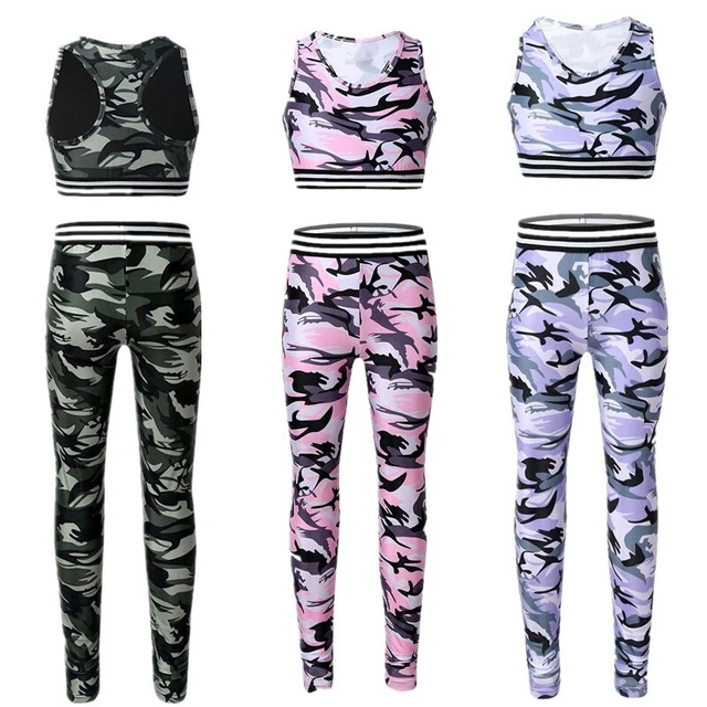 Abbigliamento tuta bambina senza maniche mimetico raccolto top leggings pantaloni allenamento