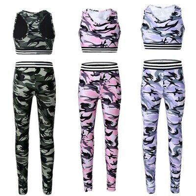 Kid Girls Tracksuit Outfit Sleeveless Camouflage Crop Top Leggings Pants Workout
