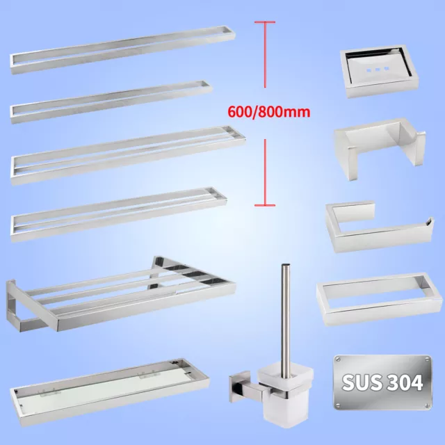 Square Bathroom Accessory SET Chrome Towel Rack Rail Robe Hook Wall Mount SS304