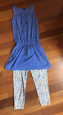 Gap Kids Blue Sleeveless Dress & Ditsy Print Ankle Leggings Set sz 10 12 L XL