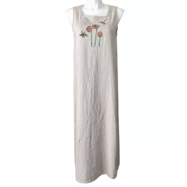 Vintage 90s Linen Dress Sleeveless Maxi Floral Cottagecore Boho Tan Size 10