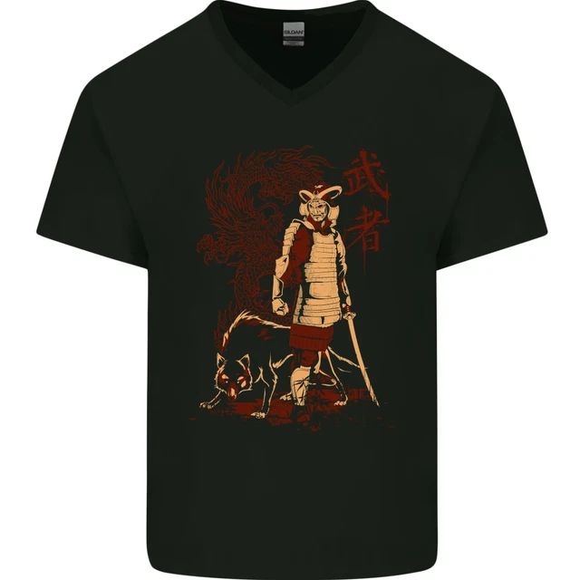 Dragon Warrior Wolf Dragon Samurai MMA Mens V-Neck Cotton T-Shirt