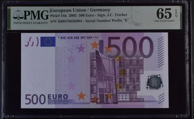 RARE GEM UNC 500 Euro Germany European Union 2002 Trichet P-14x R013A1 PMG 65EPQ