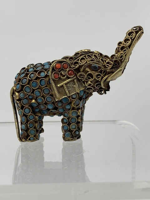 Brass Filagree Metal Elephant Figurine Trunk Up w/ Coral, Blue and Clear Stones