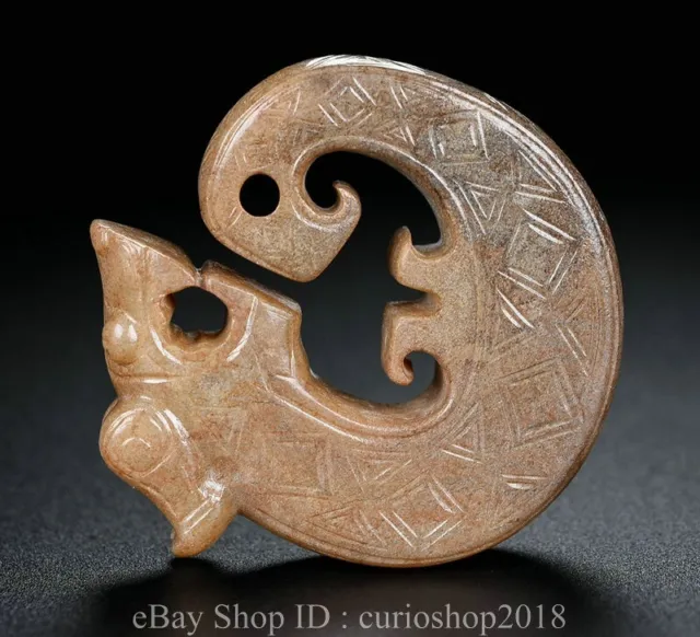 2" Chinese Natural Hetian Jade Nephrite Carving Dragon hook Amulet Pendant