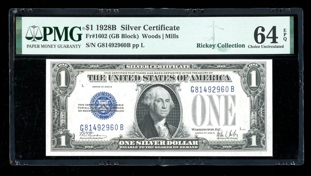 DBR 1928-B $1 Silver Funnyback Fr. 1602 GB Block PMG 64 EPQ Serial G81492960B