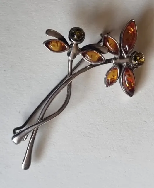 Modernist Amber Dragonfly Vintage Sterling Silver Brooch Hallmarked Jewellery