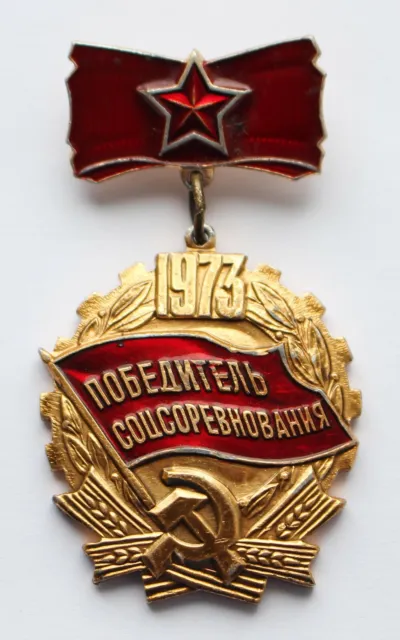 Spilla Medaglia Russa Originale Sovietica Distintivo Vincitore del Concorso Socialista 1973 DOC 2