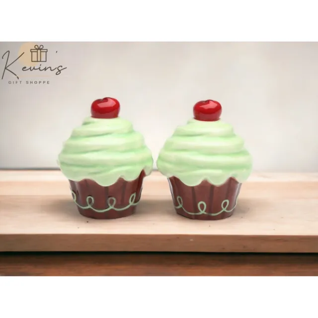Life Is Sweet - Hand Painted Ceramic Green Cupcake Salt And Pepper Shakers