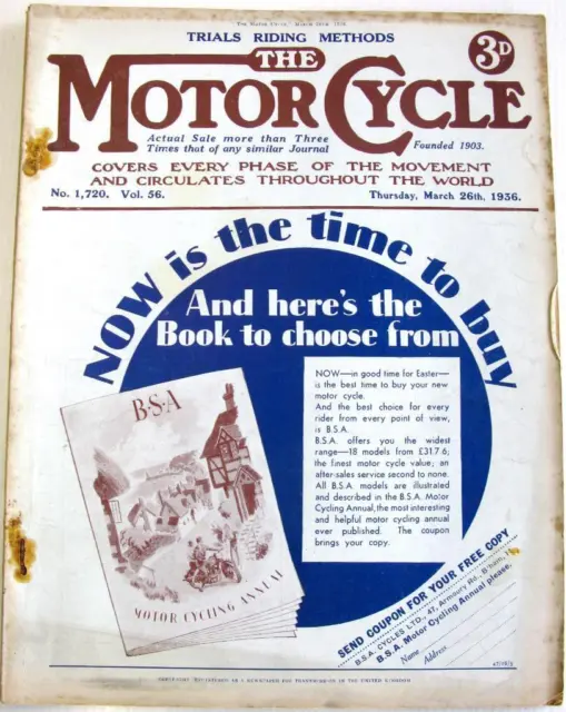 THE MOTOR CYCLE 26 Mar 1936 Original Motoring Motorcycle Magazine
