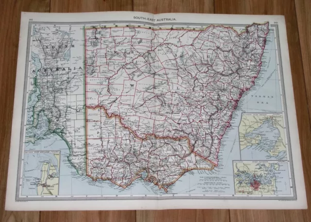 1908 Antique Map Of New South Wales Victoria Melbourne Sydney Adelaide Australia