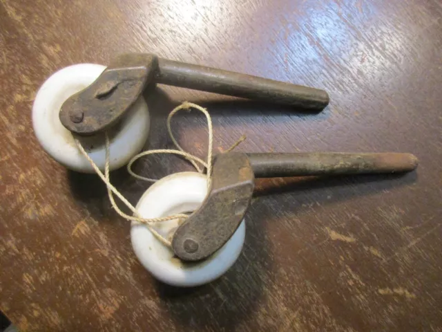 Antique 2) Furniture White Porcelain Swivel Cast Iron Casters Wheel Rollers 5"
