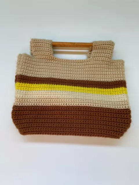 Vintage Hand Knit Striped w/ Wood Handle Tote Bag Purse Boho Hippie