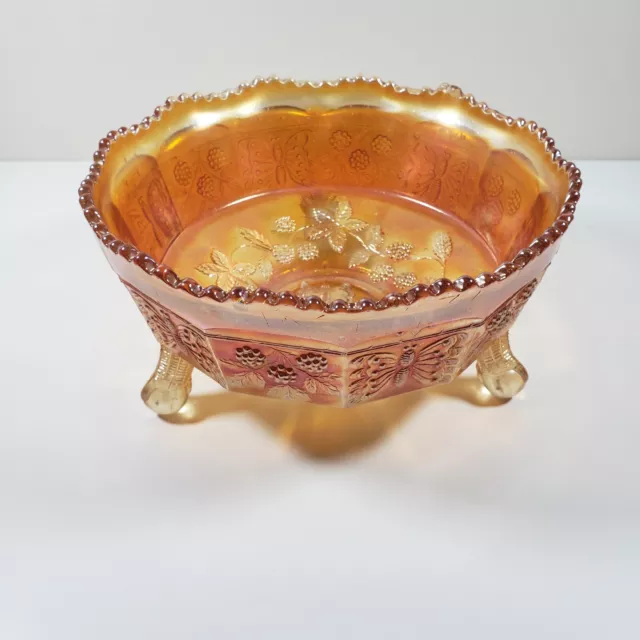 Fenton 1930's Marigold Carnival Glass Footed Fruit Bowl 8.5 in Butterfly & Berry