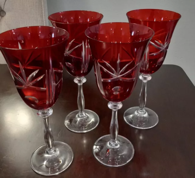 (4) VTG Czech Bohemian Crystal Cut-to-Clear Crystal Wine Goblets 8 1/4" ~ MINT