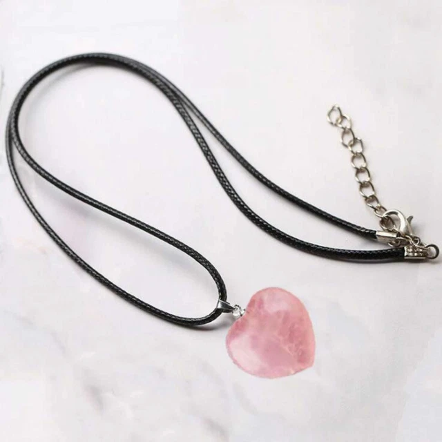 Natural pink Crystal gemstone pendant heart silver necklace Beaded Chakra
