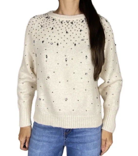 ZARA Cream Soft Wool Blend Diamante Embellished Knit Jumper Sweater Size S 8-10