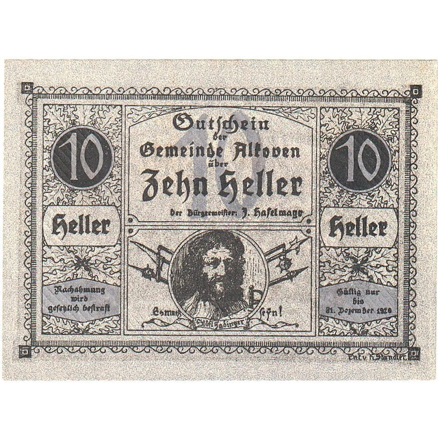 [#287973] Austria, Alkoven, 10 Heller, portrait, 1920, 1920-12-31, UNC, Mehl:FS