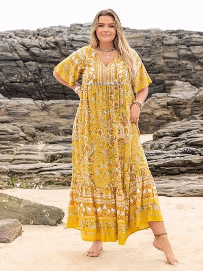 Plus Size Floral Tie Neck Flutter Sleeve Maxi Dress main image 1